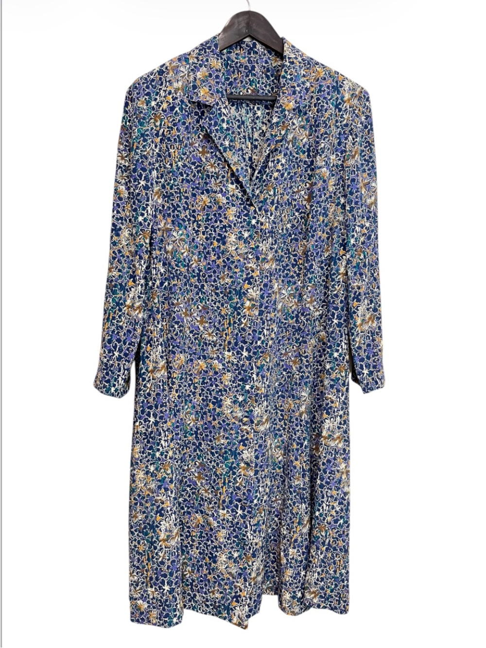 Vintage Handmade Women's Blue Floral Button-Front Midi Dress